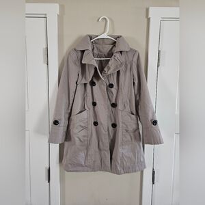 Womens small sleek button fall winter long coat jacket nuetral grey Minimalist